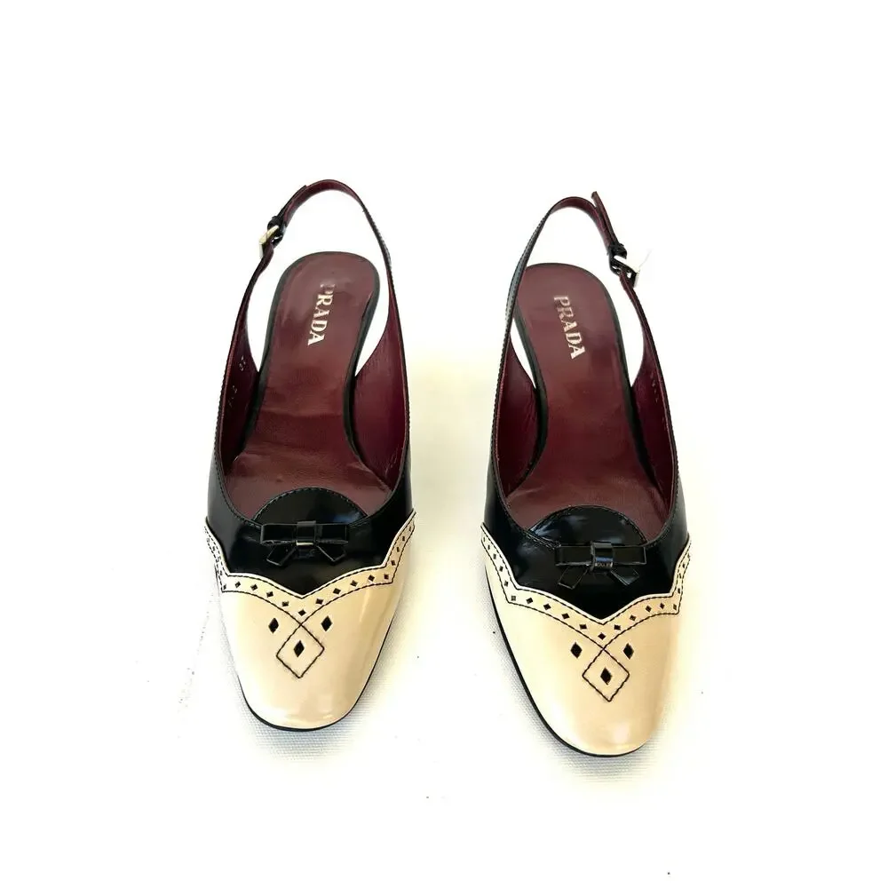 Vintage Prada Kitten Heels Slingbacks Low Sandals Tan Black 37 7 Bow Preppy